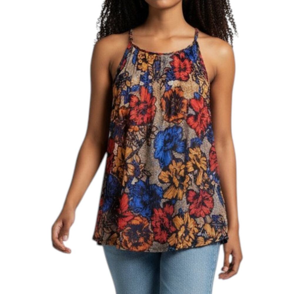 RW & Co Floral Halter Top S Multicolor Braided Neck Sleeveless Keyhole Back